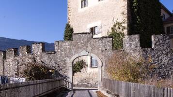 A stone bridge leading to a castle with a tower, surrounded by a stone wall and vegetation.