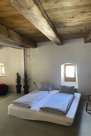 A bedroom with a wooden ceiling, a bed with two pillows, a window, and potted plants. - Historisches Teiler-Haus, (Splügen), by Interhome (Splügen)