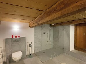 Ein Badezimmer mit Duschkabine, Toilette und Waschbecken.