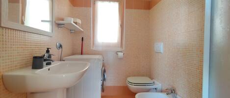 A bathroom with a sink, toilet, bidet, and mirror.