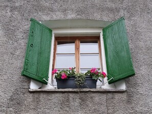 Een raam met groene luiken en bloempotten.
