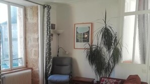 A living room with a red sofa, a blue armchair, a small table, a radiator, and a large plant. - 3 Place des Arbres (Felletin)