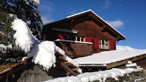 A wooden cabin with a sloped roof, surrounded by snow-covered trees.