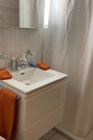 A bathroom with a white sink, a mirror, and a shower curtain. - Haus Fravgia veglia, (Andeer), by Interhome (Andeer)