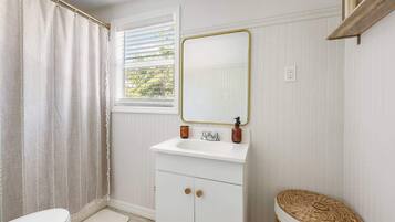 Shower, hair dryer, shampoo