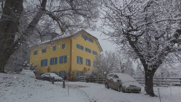 A yellow building with multiple windows, surrounded by snow-covered trees and parked cars.