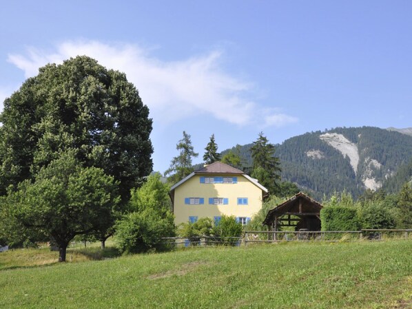 A two-story building with a yellow facade and blue shutters, surrounded by a grassy field and a large tree. - Haus Noains, (Rodels), by Interhome (Sils im Domleschg)
