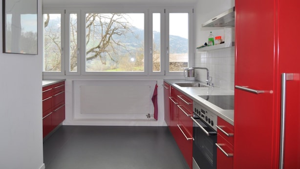 Een moderne keuken met rode kastjes, een ingebouwde oven en een raam met uitzicht op bomen en bergen.