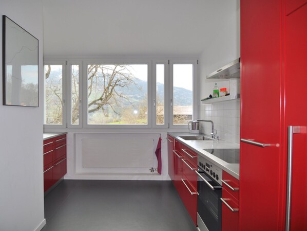 Eine moderne Küche mit roten Schränken, einem Einbauofen und einem Fenster mit Blick auf Bäume und Berge.