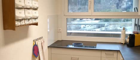 Fridge, oven, dishwasher, cookware/dishes/utensils