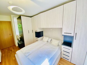 Une chambre à coucher comprenant un lit, une armoire intégrée et un luminaire au plafond.