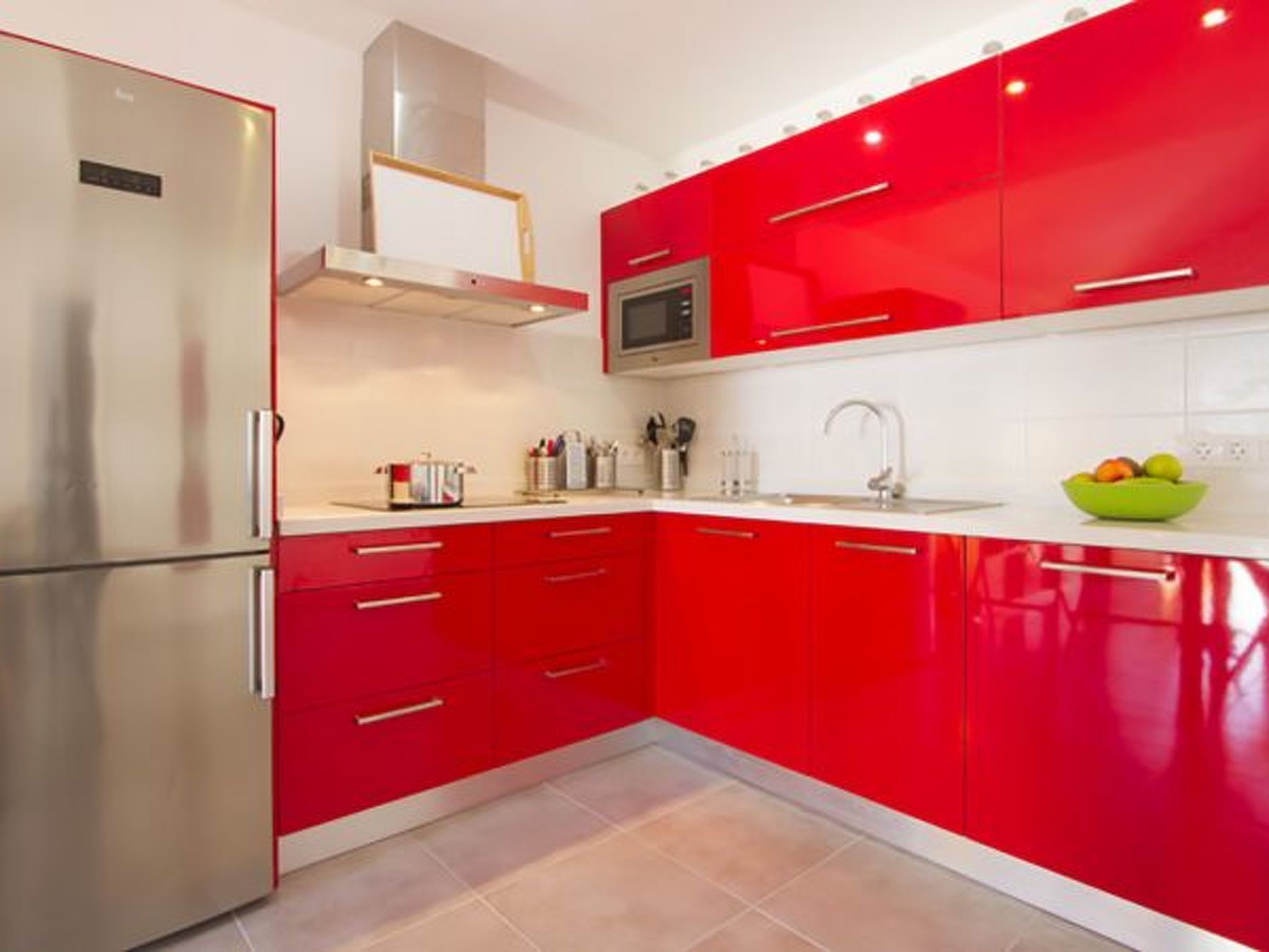 Fridge, microwave, cookware/dishes/utensils