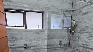 Shower, hair dryer, towels, soap