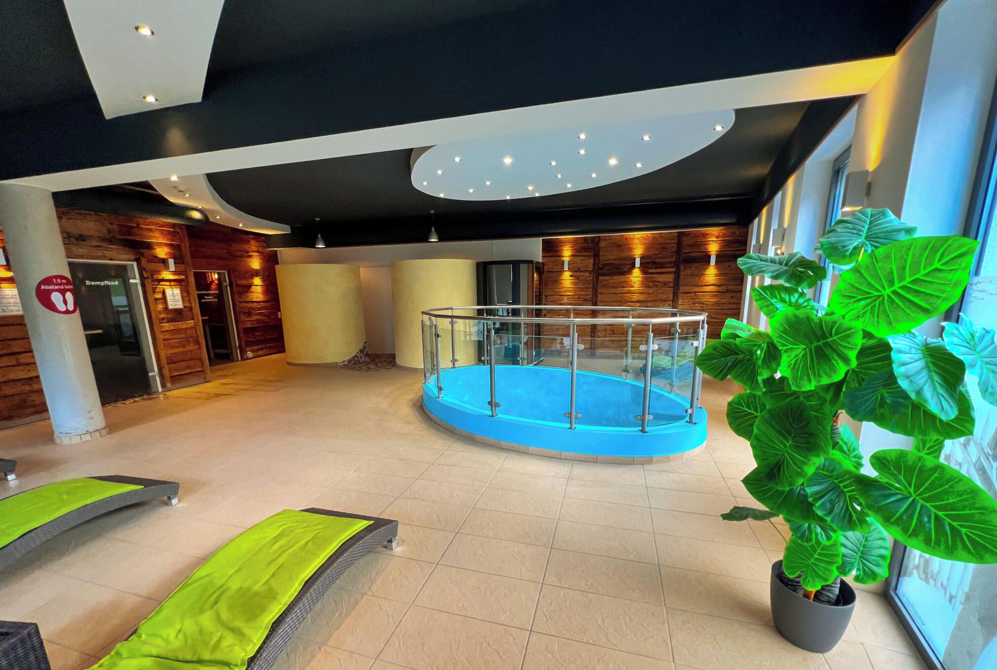 Un área de piscina interior moderna con barandilla de cristal, una planta grande en maceta y una pared de madera.