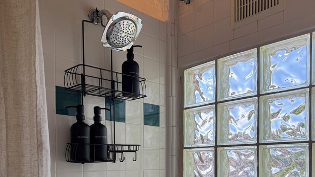A bathroom with a shower, a window with a view, and a towel rack with bottles. - Cozy Private 1BR in the Heart of 5 Points (Denver)