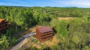 A multi-story building with a red roof, surrounded by dense forest, and a road leading to it. - 6-Bedroom Cabin with Indoor Pool, Home Theater & Hot Tub, Sleeps 20+ (Sevierville)
