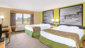 A hotel room with two beds, a desk, a chair, and a window with curtains. - Super Davneport Inn & Suite (Davenport)