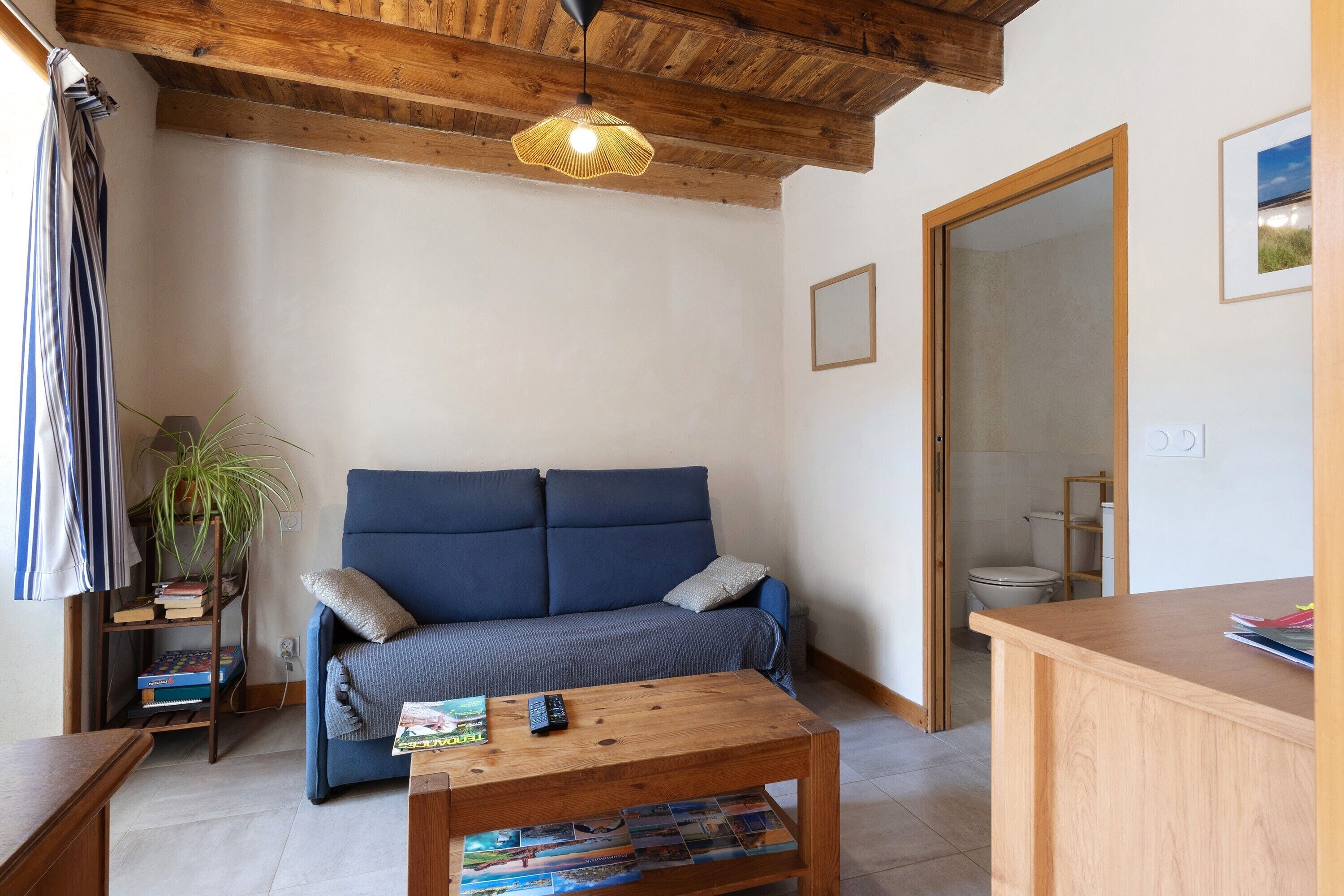 Un cuarto acogedor con un sofá azul, una mesa de centro de madera con revistas, una planta y techo de madera.