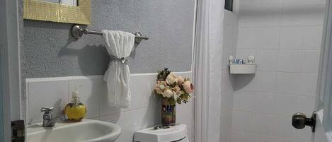 Shower, hair dryer, towels, soap