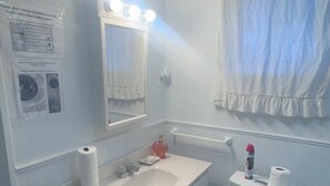 A bathroom with a sink, mirror, toilet, and a window with a curtain. - Inviting 1BR Near Boston -- Easy Transit -- Parking Included (Malden)
