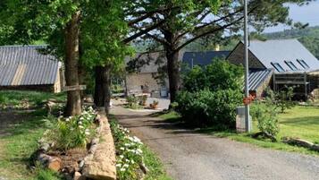 Un entorno rural con un camino de grava que lleva a un edificio de piedra con techo de metal, rodeado de árboles y vegetación.