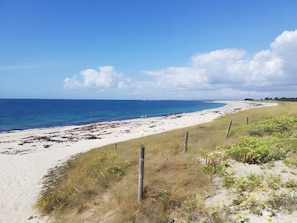 Uma praia com areal, área gramada com cerca e o oceano ao fundo.