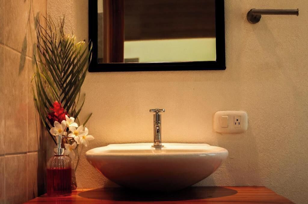 A bathroom with a white sink, a mirror, a wall socket, and a plant with white flowers.