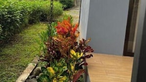 Un bâtiment moderne doté d’une terrasse en bois et d’un jardin où poussent différentes espèces de plantes.