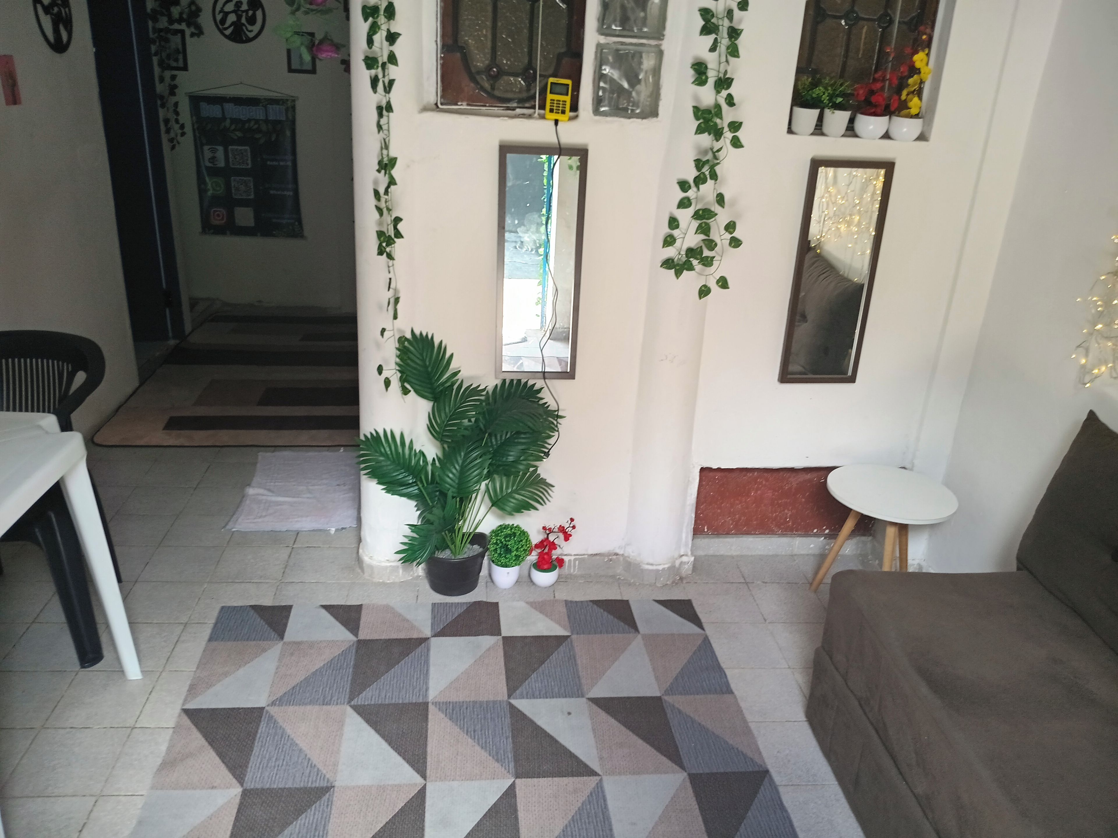 Una sala de estar con un alfombra estampado, una planta en maceta, una mesita y un sofá.