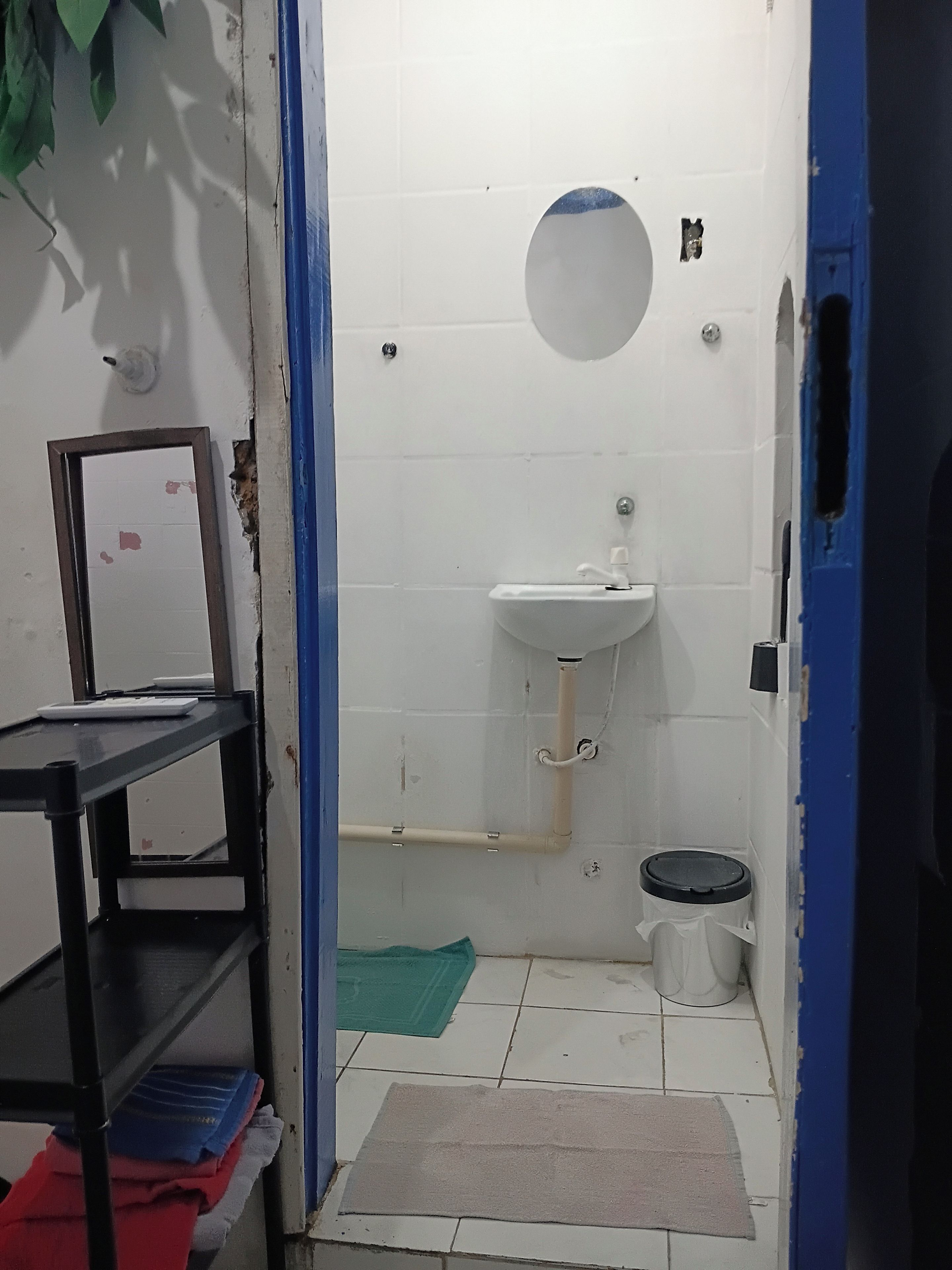 Un baño pequeño y funcional con lavamanos, inodoro y espejo. Hay un estante con objetos y una alfombra en el suelo.
