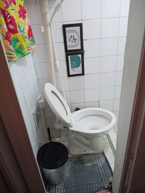 A small bathroom with a toilet, a trash bin, a shower curtain, and two framed pictures on the wall. - Boa Viagem Inn  (Recife)