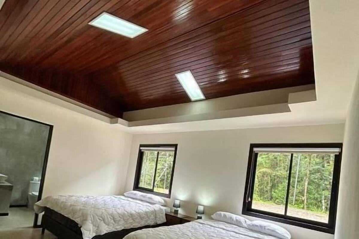 A bedroom with two beds, a skylight, and windows with a view of trees.