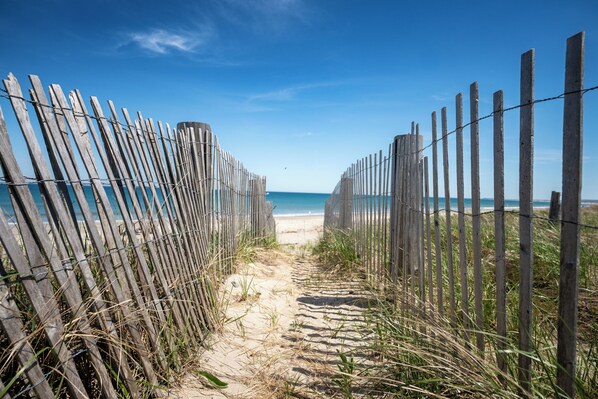 Ein hölzerner Weg führt zu einem Strand unter blauem Himmel.