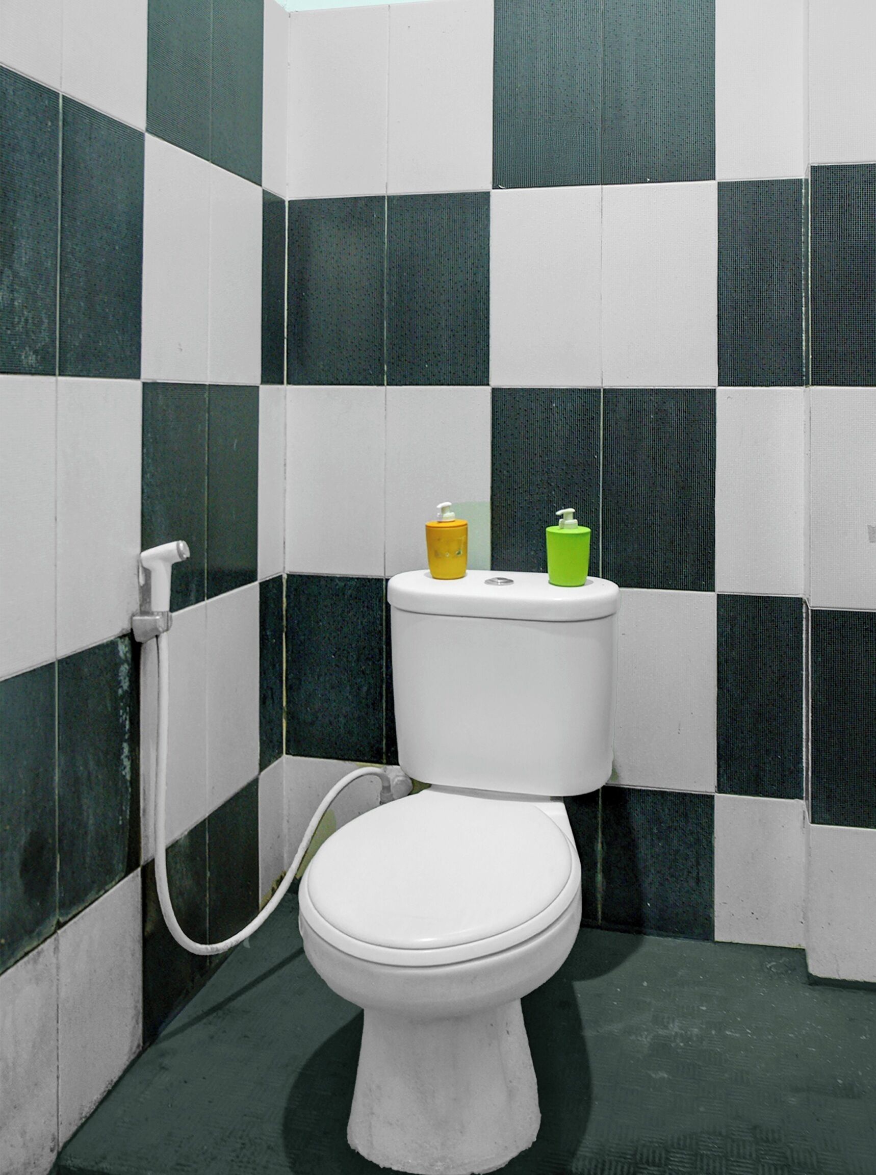 Ein Badezimmer mit Toilette, Dusche und einem Wandmuster in Karos.
