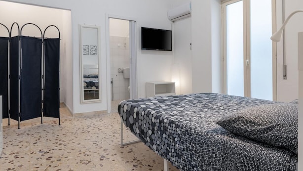 Een slaapkamer met een bed, een televisie, een kledingkast en een douche.