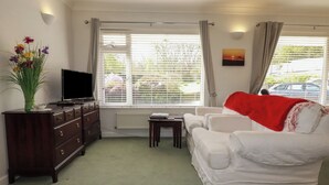 Una sala de estar con televisor, sofá, cómoda y ventana con persianas.