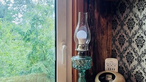 Una habitación con una mesa de madera, una lámpara de vidrio, un enchufe y una ventana con vistas a zonas verdes.