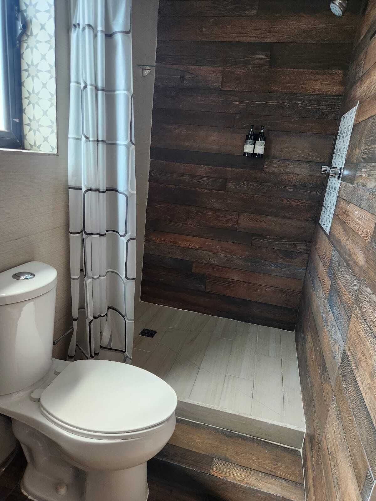 Ducha, secador de pelo, toallas, jabón
