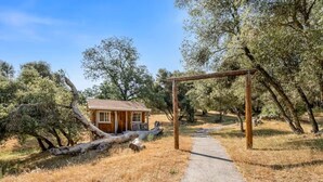 Un rustico chalet con struttura in legno, un vialetto sterrato che vi conduce e alberi circostanti.