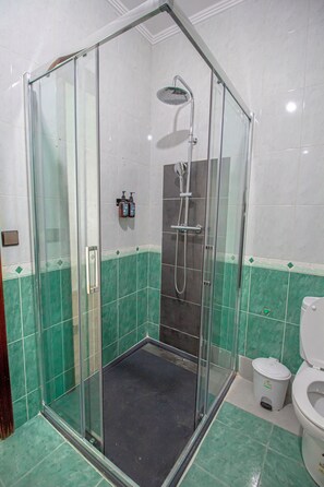 Douche, sèche-cheveux, serviettes fournies, savon