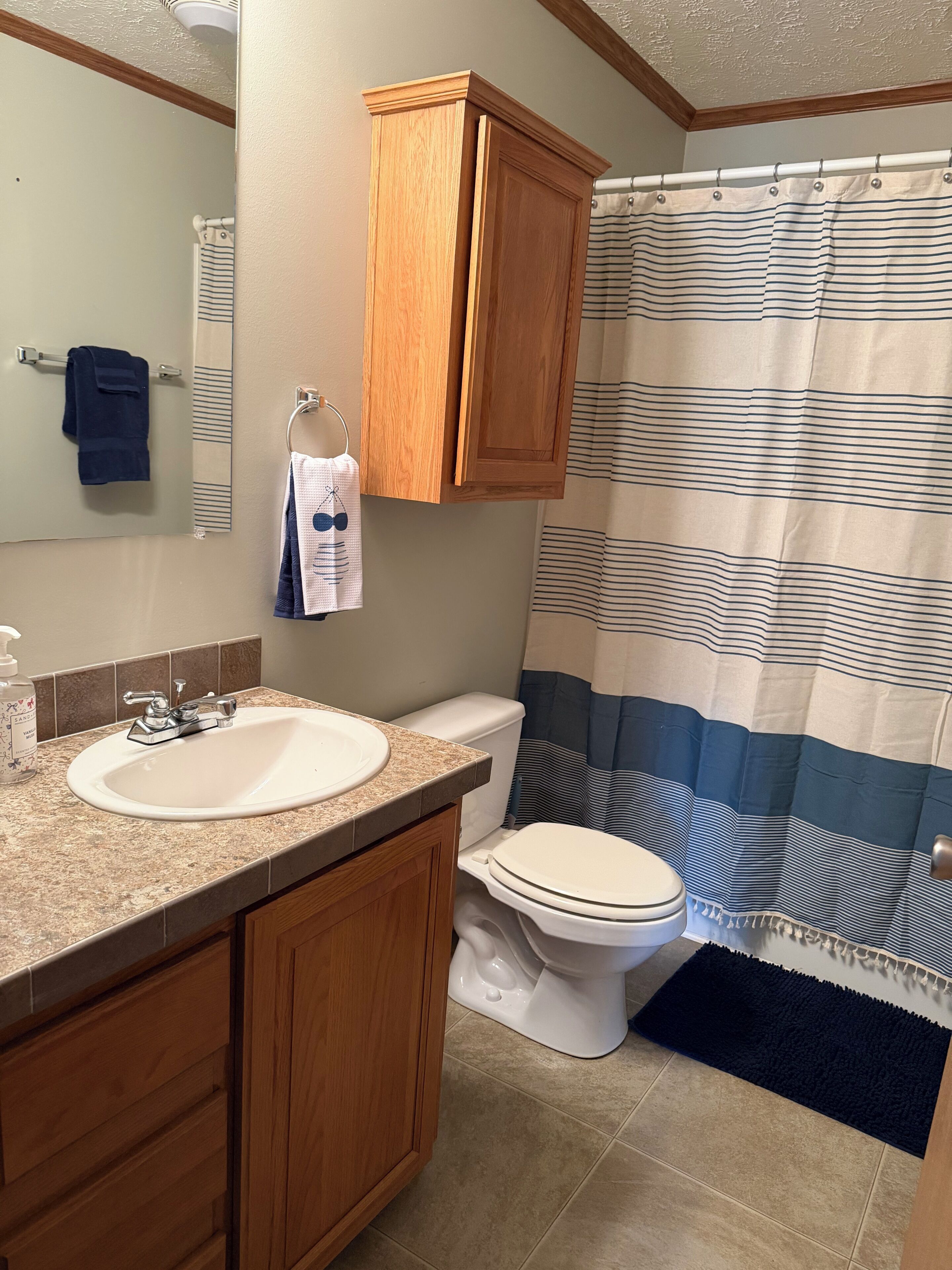 Une salle de bain avec un lavabo, un miroir, des meubles en bois, des toilettes et un rideau de douche à rayures.