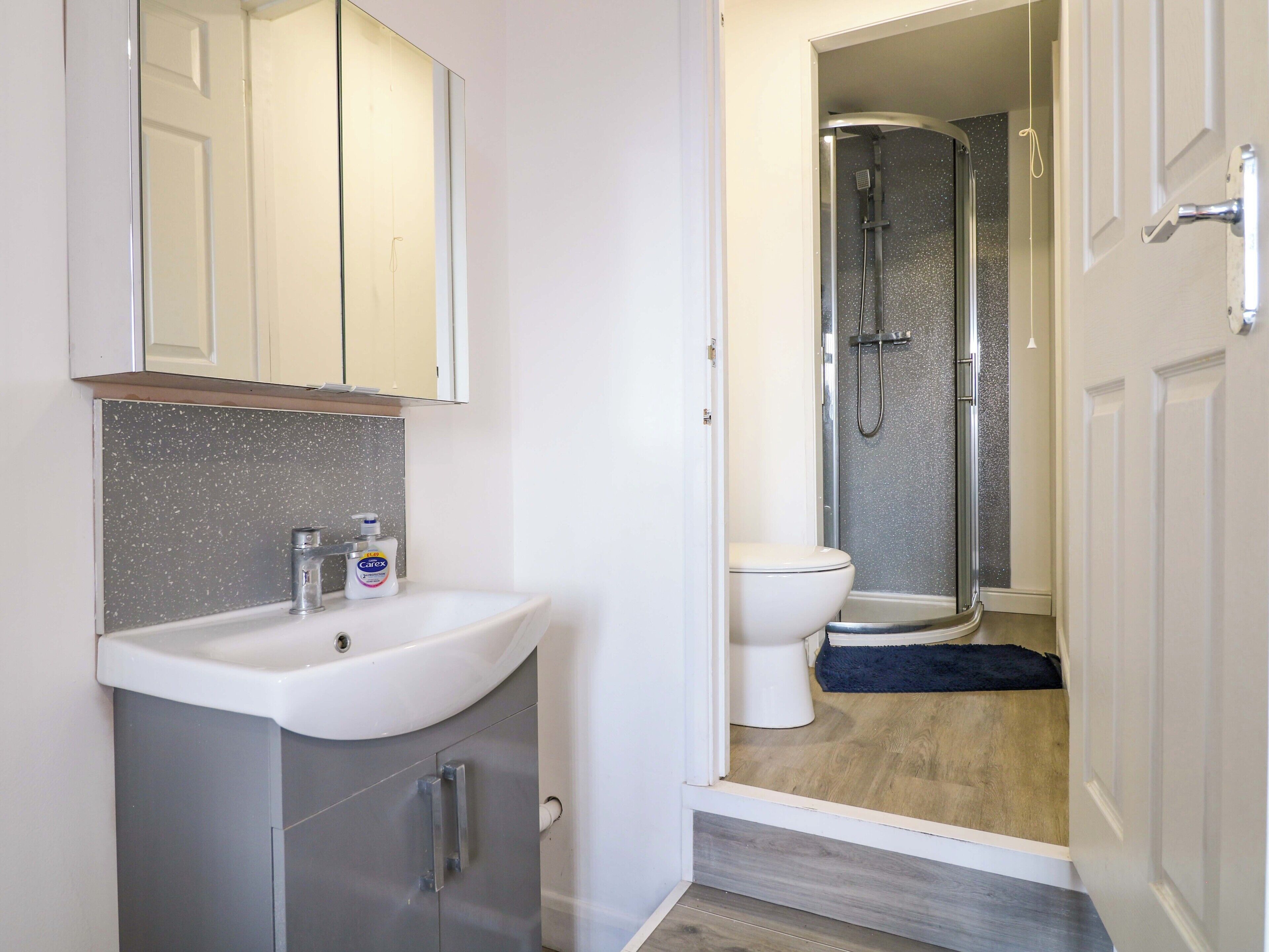 A bathroom with a white sink, a mirror, a shower, and a toilet.