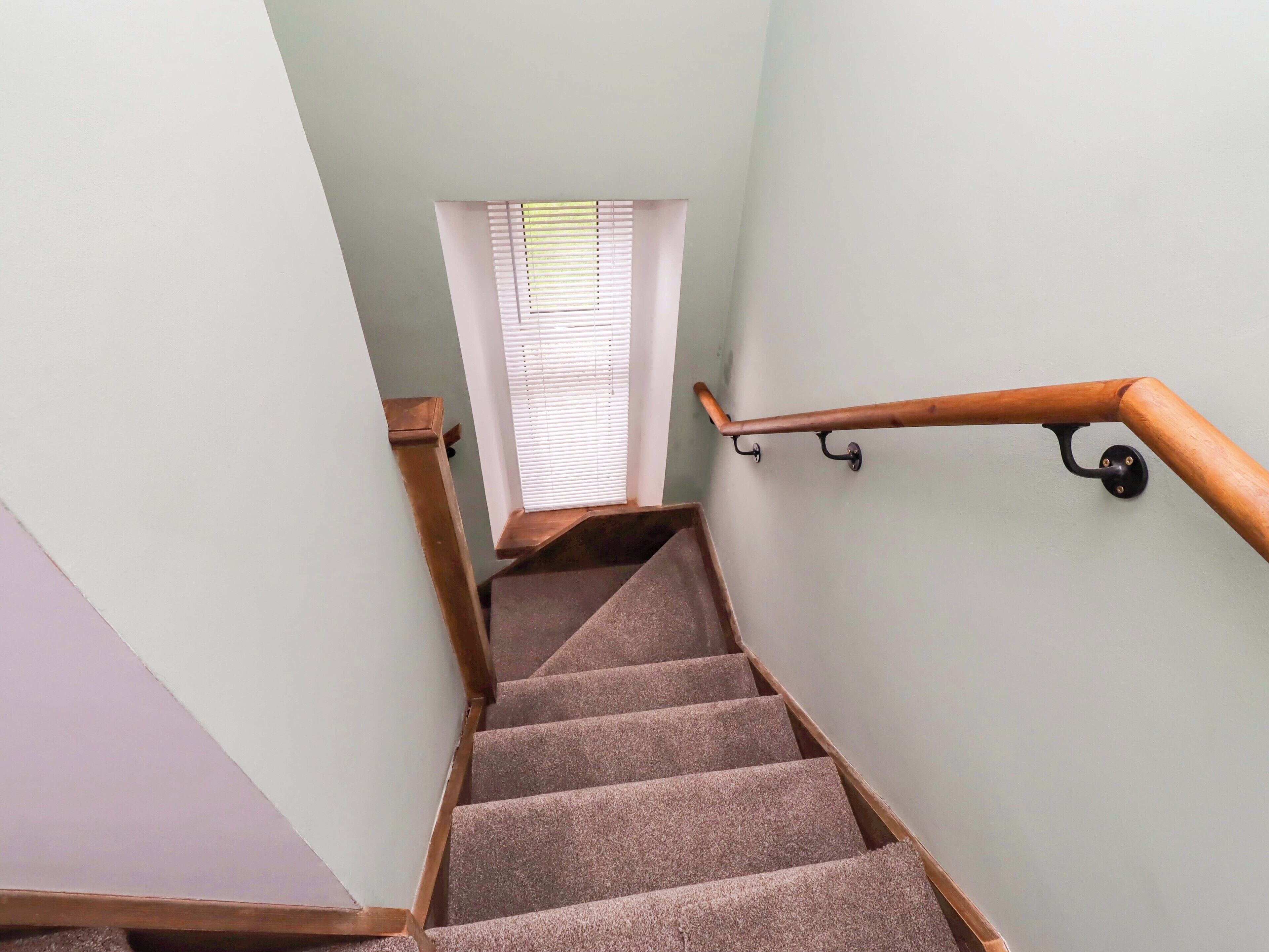 Un escalier avec des marches recouvertes de moquette, des rampes en bois et une fenêtre avec des stores.