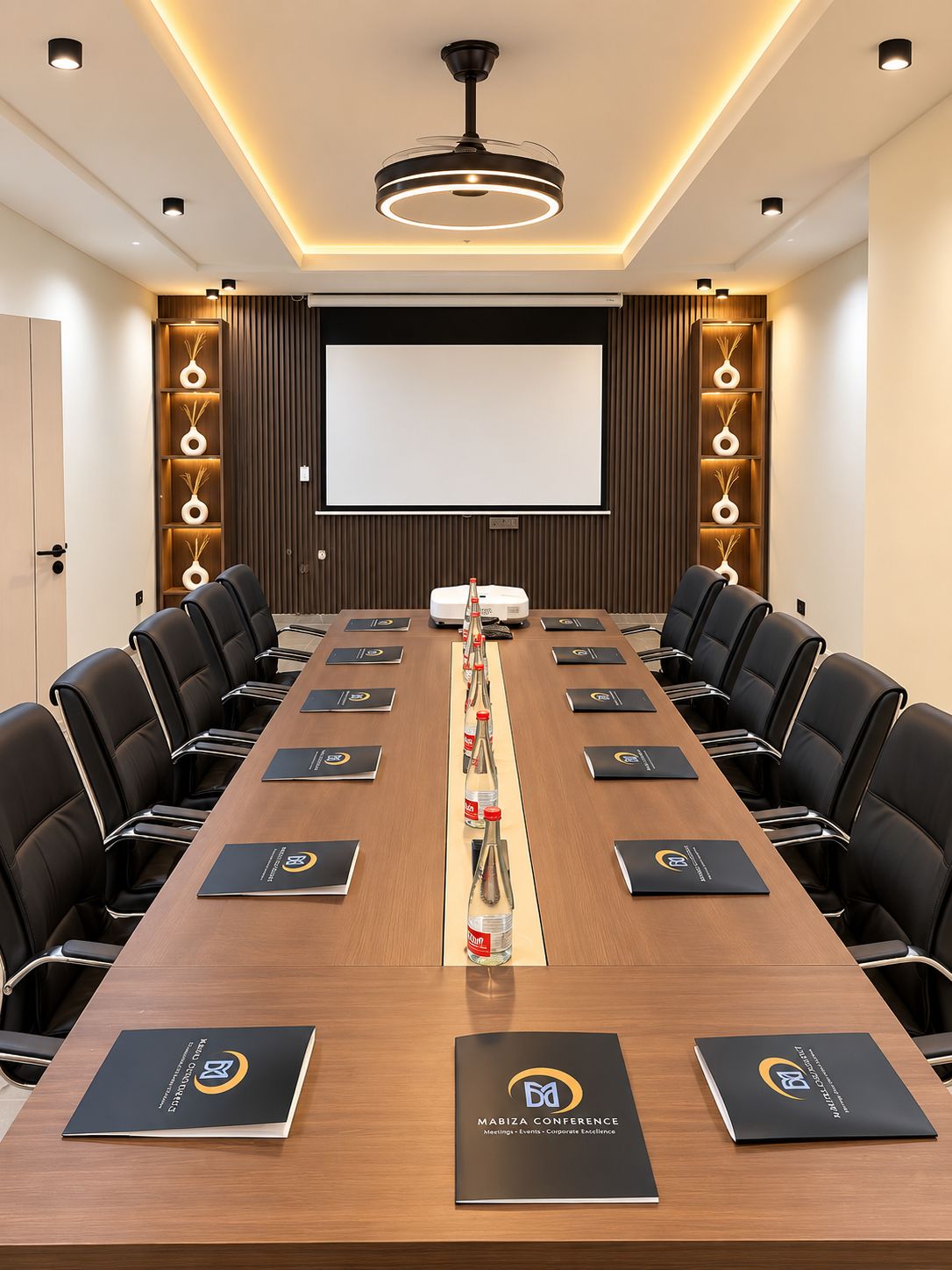 A conference room with a long table, black chairs, a projector screen, and a ceiling light.