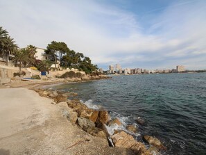 A coastal cityscape with a rocky shoreline, buildings, and palm trees. - APARTAMENTO VORAMAR by Interhome (Alicante)