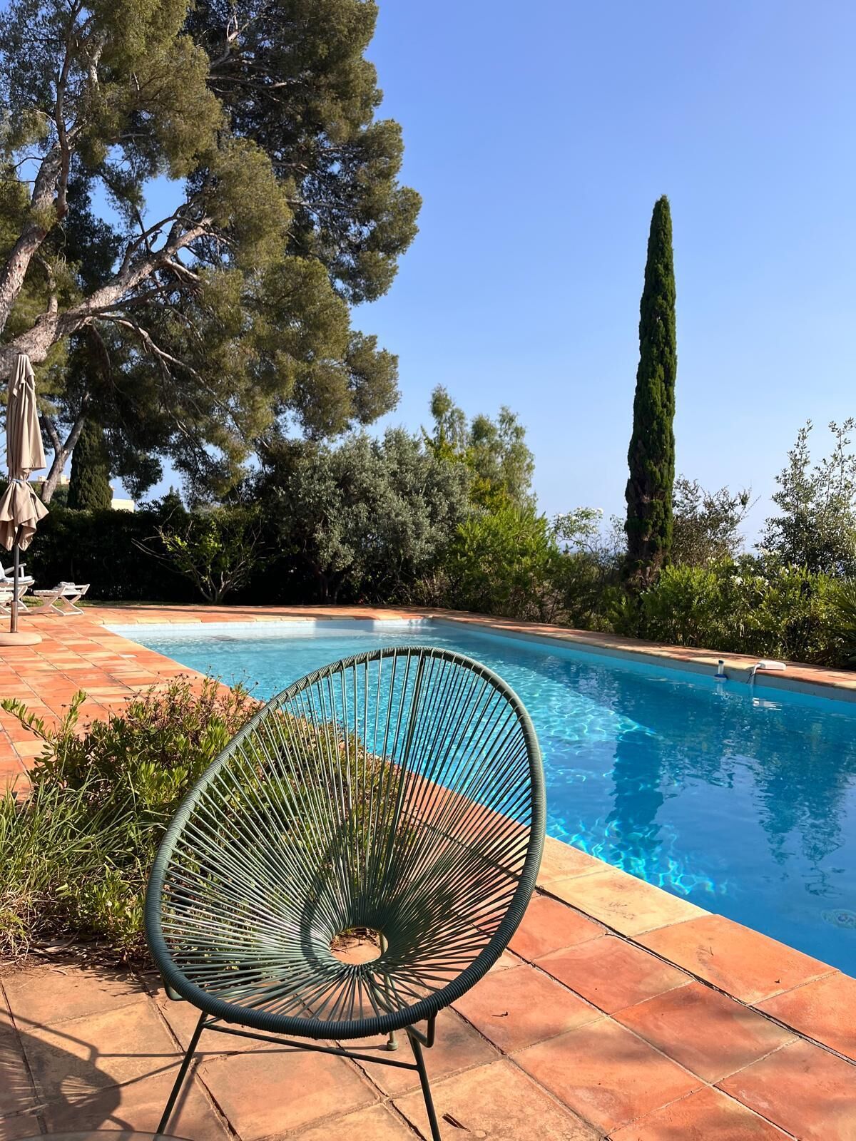 Piscina con una silla en primer plano, rodeada de árboles y un cielo despejado.