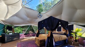Una habitación con tienda de campaña, una cama, un aparador, una silla, una mesita y una planta colgante.