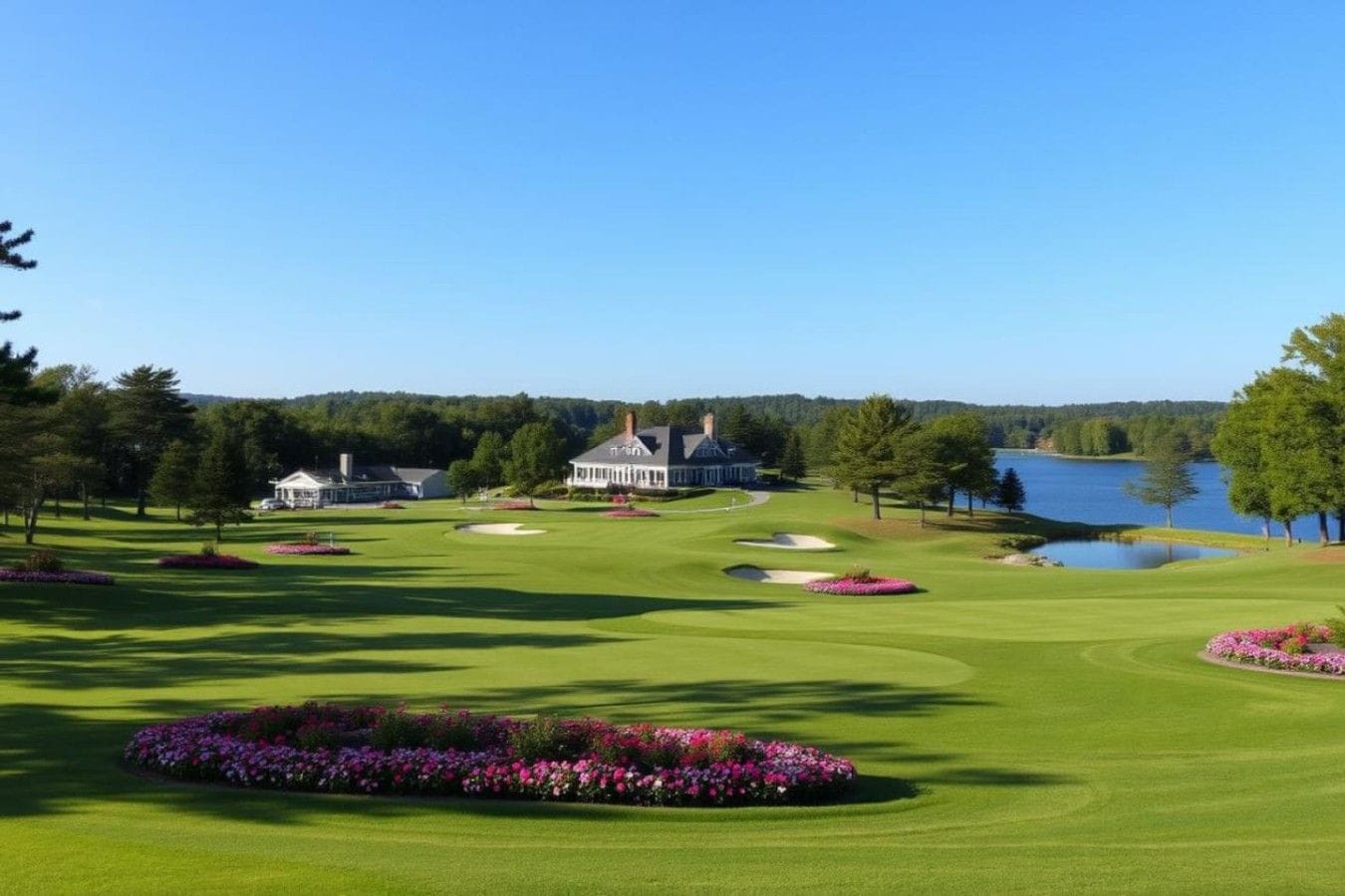 Un parcours de golf doté d’un club-house, d’un lac et d’une zone boisée.