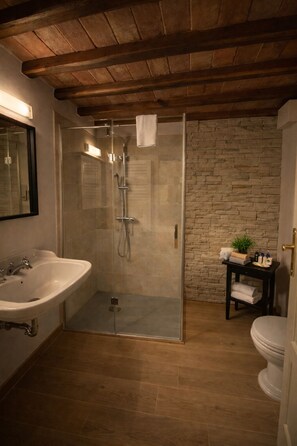 A bathroom with a glass shower enclosure, a sink, a toilet, and a stone wall. - Avignonesi - Chic Frescoed Palace - 2BR 2BA - Heart of Montepulciano (Montepulciano)