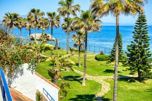 A garden with palm trees and a pathway leading to the ocean. - 3180 Duplex Penthouse with Panoramic Sea Views (Casares)